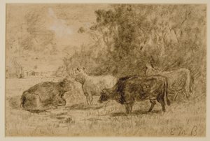 有四头牛的风景，c。 1880年代（木炭纸本）