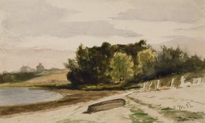 海滩上有原木的风景（40 号），约 1880 年（纸面水彩画） 作者 爱德华·米切尔·班尼斯特