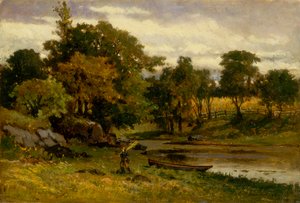 无题风景，小船停泊在溪流附近，男人在前景中行走，1879年。 作者 爱德华·米切尔·班尼斯特