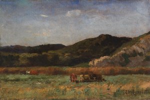 无题风景，有牛在吃草，山丘，1891年。