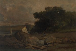 有岩石、人和帆船的无题风景，1895年。 作者 爱德华·米切尔·班尼斯特