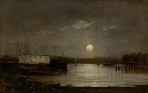 无题港口的月亮，码头场景，满月和船的桅杆，约1868年。