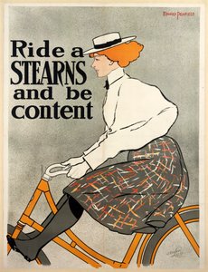 骑着Stearns的车，心满意足，约1896年彩色平版印刷。 作者 爱德华·彭菲尔德