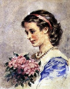 带着一束粉色花朵的年轻女孩（纸上铅笔水彩画） 作者 爱德华·泰勒