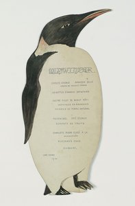 1912年6月22日在埃文斯角的仲冬节晚餐上，以帝王企鹅的形状制作的菜单（卡片上有水粉和水粉颜料） 作者 爱德华·纳尔逊