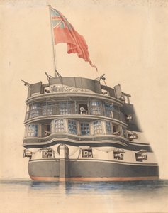 亚洲号 "船尾的细节图，旗帜飘扬。 作者 爱德华·威廉·库克