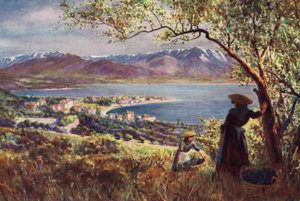 科西嘉岛：阿雅克修全景（彩色石版画）