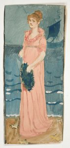 海滩上的女性，远处有船的不明插图 作者 埃德温奥斯汀修道院