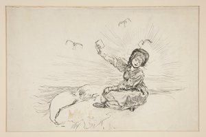海滩上手持书本的女子，《龙虾的谎言》草图 作者 埃德温奥斯汀修道院