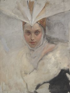 白鹭头饰和白色毛领的女人，1897年