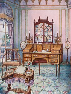 镶嵌桃花心木 - 秋季中国和书柜。 &39;D&39;形缎木绘画和写作表。工作表，由喜来登。横幅画面，十八世纪末