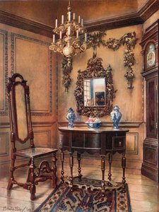镶板，用Grinling Gibbon Carvings。镜框，胡桃木桌，威廉和玛丽。胡桃木椅子，查尔斯韦斯利的核桃高箱时钟