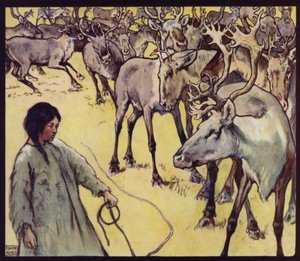 拉普女孩与驯鹿群（彩色石版画）