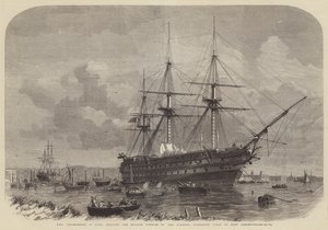 HMS Agamemnon，91枪，在东格林威治运送大西洋海底电缆的英文部分