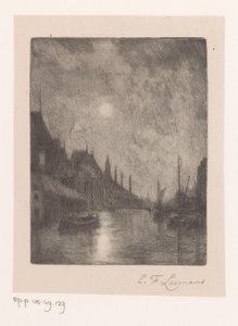 城市夜景中的河流 作者 Egide François Leemans（艺术家签名）