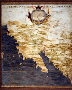 西印度群岛和未知土地的边界图，由Egnazio Danti（1536-1586）数学家、宇宙学家和意大利建筑师制作。大约在1567年。佛罗伦萨，韦基奥宫，Mappamondo厅 作者 埃尼亚齐奥·丹蒂（Egnazio Danti）