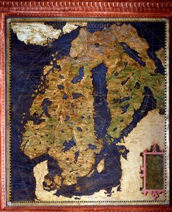 斯堪的纳维亚半岛。挪威、瑞典、芬兰。地图由Egnazio Danti（1536-1586）数学家、宇宙学家和意大利建筑师绘制。1567年左右。佛罗伦萨，韦基奥宫，Mappamondo厅 作者 埃尼亚齐奥·丹蒂（Egnazio Danti）