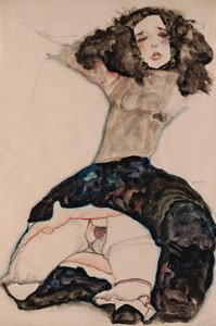 黑头发的女孩，举起裙子，1911年 作者 Egon Schiele