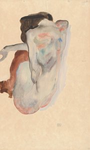 鞋子和黑色长筒袜的蹲伏裸体，背面，1912年。