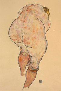 拉起长筒袜的女性裸体，背面，1918年。
