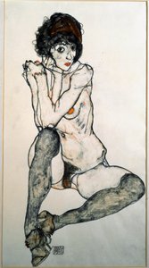 Egon Schiele女性裸体坐姿水彩画（1890-1918）1914 Dim.48,3x32 cm维也纳艺术收藏品Albertina