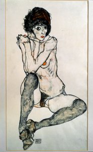 女性裸体坐。由Egon Schiele绘制