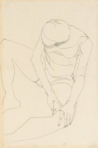 女性裸体向前弯曲，双手放在左大腿上，1913年 作者 埃贡·席勒（Egon Schiele）