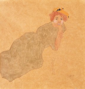 支撑臂橄榄色连衣裙的女孩；橄榄色的裙子，她的手臂上的女人 作者 埃贡·席勒（Egon Schiele）