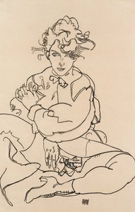 1918年，女孩坐在一起张开双腿 作者 埃贡·席勒（Egon Schiele）