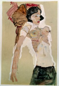半裸女。由Egon Schiele（1890-1918）绘制，1911年铅笔和水彩画在纸上。昏暗：45,9x31,1cm。维也纳，Graphische Sammlung Albertina