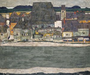 河上的房屋旧城区，1914年 作者 埃贡·席勒（Egon Schiele）