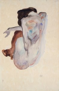 与鞋子和黑长袜的蹲下的裸体，后面看法。 1912年 作者 埃贡·席勒（Egon Schiele）