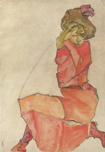 跪着橘红色连衣裙的女性，1910年 作者 埃贡·席勒（Egon Schiele）