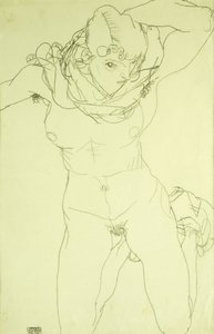 从正面跪着裸体； 1914年从正面跪下 作者 Egon Schiele