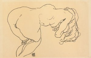 长发裸体，向前倾斜，后视图； Langhaariger Akt，vornubergebeugt，鲁肯南希（Ruckenansicht），1918年
