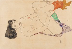 躺在腿上的说谎女性裸体，1913年。