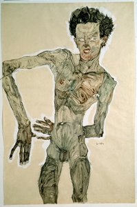 男性裸体（自画像）。绘画由Egon Schiele（1890-1918），1910年。铅笔，水彩和蛋彩画在纸上。昏暗：55,7x36,8cm。维也纳，Graphische Sammlung Albertina