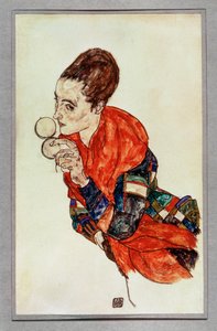 带粉盒的女演员玛加-波尔纳肖像......（水粉画和黑色蜡笔） 作者 埃贡·席勒（Egon Schiele）