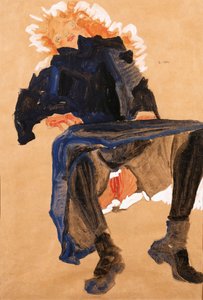 斜倚在蓝色连衣裙的女孩，1910年 作者 埃贡·席勒（Egon Schiele）