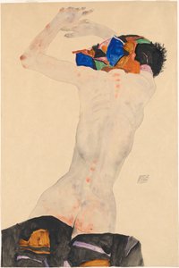 Rückenakt mit buntem Tuch 裸体从背面用彩色布，1911年。 作者 埃贡·席勒（Egon Schiele）
