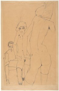 席勒与镜子前的裸体模特 作者 埃贡·席勒（Egon Schiele）
