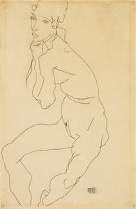 坐着的女性裸体用手托住下巴，1914年 作者 埃贡·席勒（Egon Schiele）
