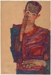 带眼睑的自画像，1910年 作者 埃贡·席勒（Egon Schiele）