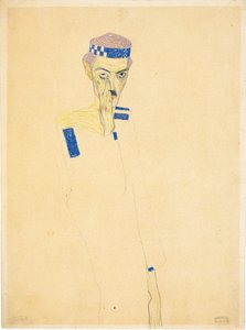 戴蓝色格子头巾的自画像，1909年。 作者 埃贡·席勒（Egon Schiele）