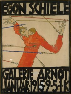 作为圣塞巴斯蒂安的自画像，1914年Galerie Arnot的展览海报设计（水粉，黑色蜡笔和纸板上的墨水）