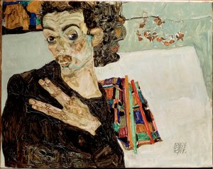 手指分开的自画像。 Egon Schiele的绘画 作者 埃贡·席勒（Egon Schiele）
