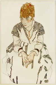 身着条纹连衣裙的艺术家嫂子，坐着 作者 埃贡·席勒（Egon Schiele）