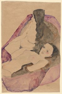 两个斜倚的裸体，1911年。