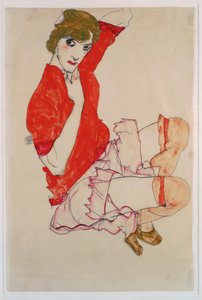 Wally in roter Bluse mit erhobenen Knien（水粉、水彩和铅笔） 作者 埃贡·席勒（Egon Schiele）