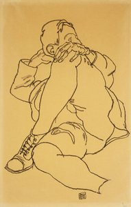 年轻人斜倚在他的交叉腿上；躺着的男孩，头部撑起，左腿折叠，1918年 作者 埃贡·席勒（Egon Schiele）
